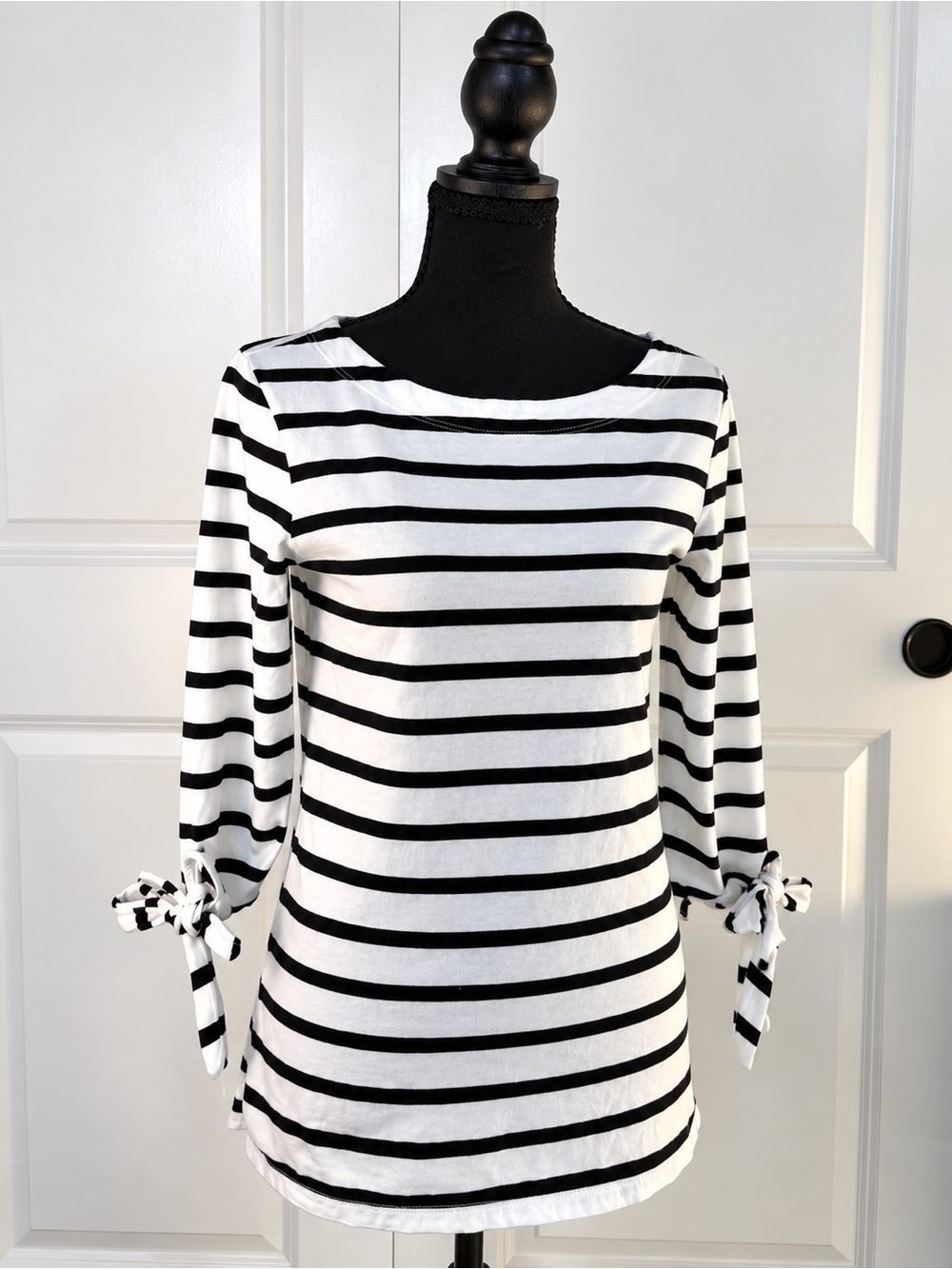 Old Navy Black & White Striped Long Sleeve Top with Tie Cuffs